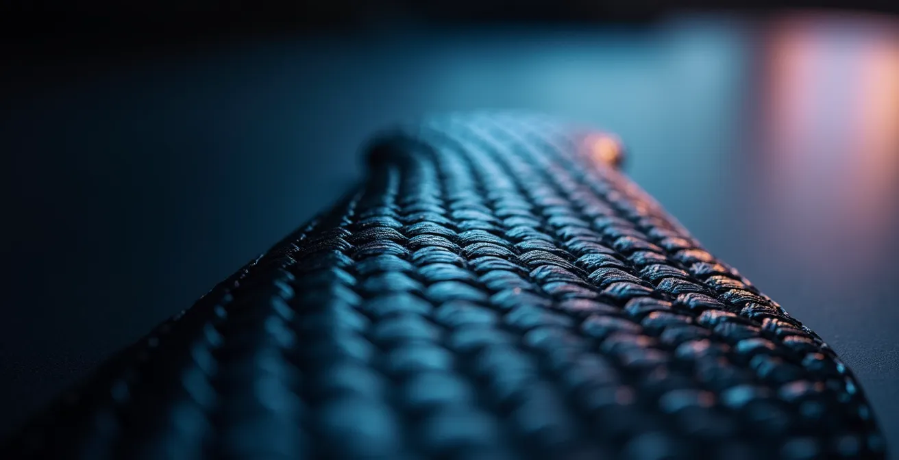 Détail macro d'un matériau composite aéronautique révélant sa structure complexe