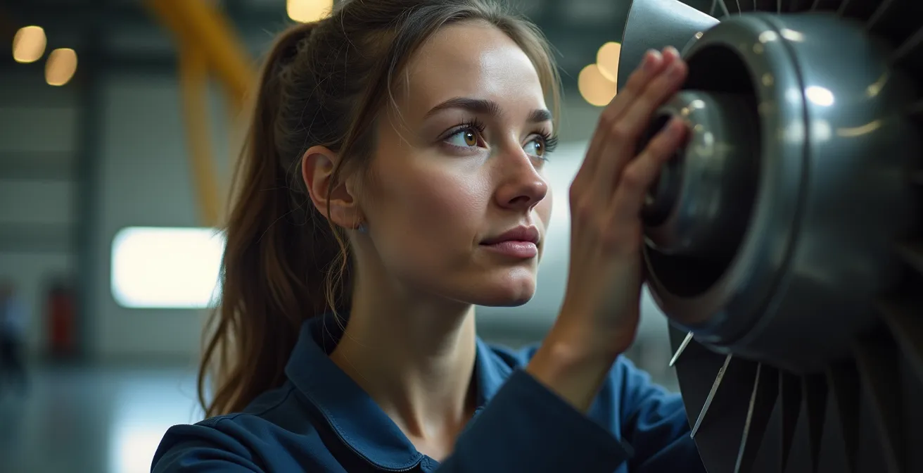 Jeune technicienne en formation observant un moteur d'avion avec expression pensive