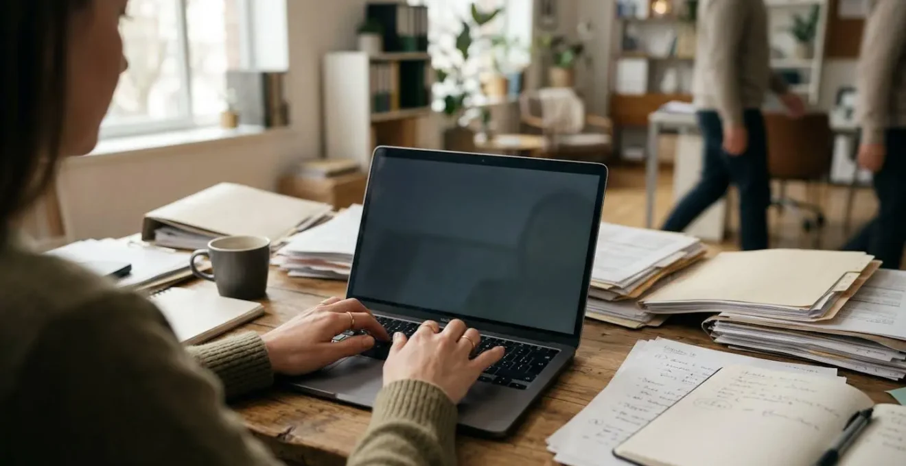 Mains tapant sur un clavier d'ordinateur portable entouré de dossiers papier éparpillés sur un bureau