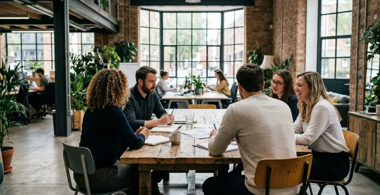 Réunion d'équipe informelle autour d'une table dans un espace de travail moderne, personnes vues de profil, grande baie vitrée en arrière-plan