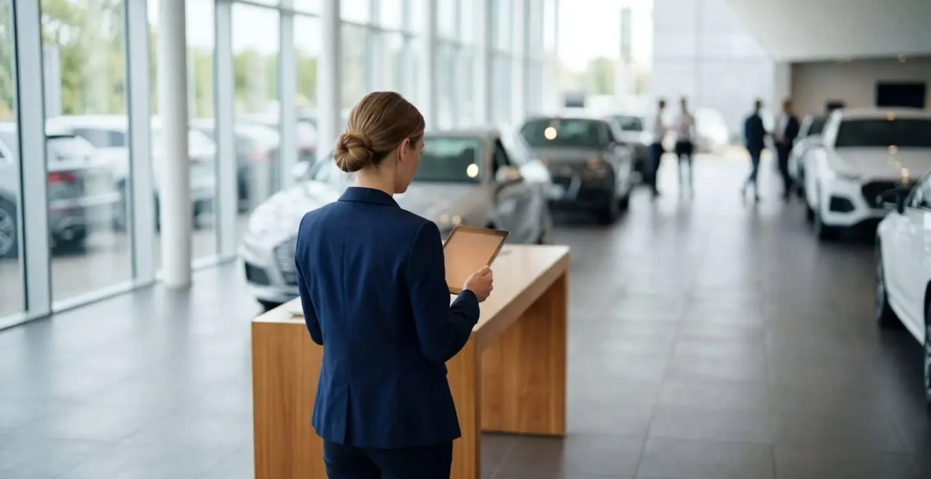 Silhouette d'un professionnel de dos consultant une tablette dans un showroom automobile lumineux, véhicules floutés en arrière-plan