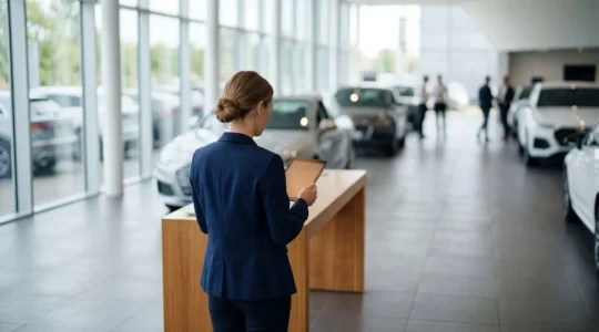 Silhouette d'un professionnel de dos consultant une tablette dans un showroom automobile lumineux, véhicules floutés en arrière-plan
