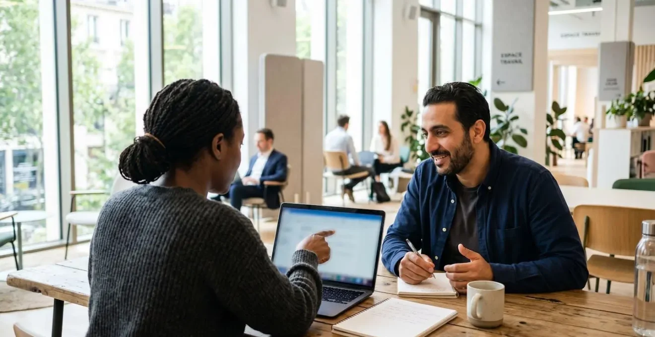 Deux personnes en discussion professionnelle devant un ordinateur portable dans un espace de coworking lumineux et contemporain