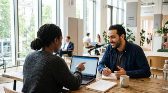 Deux personnes en discussion professionnelle devant un ordinateur portable dans un espace de coworking lumineux et contemporain