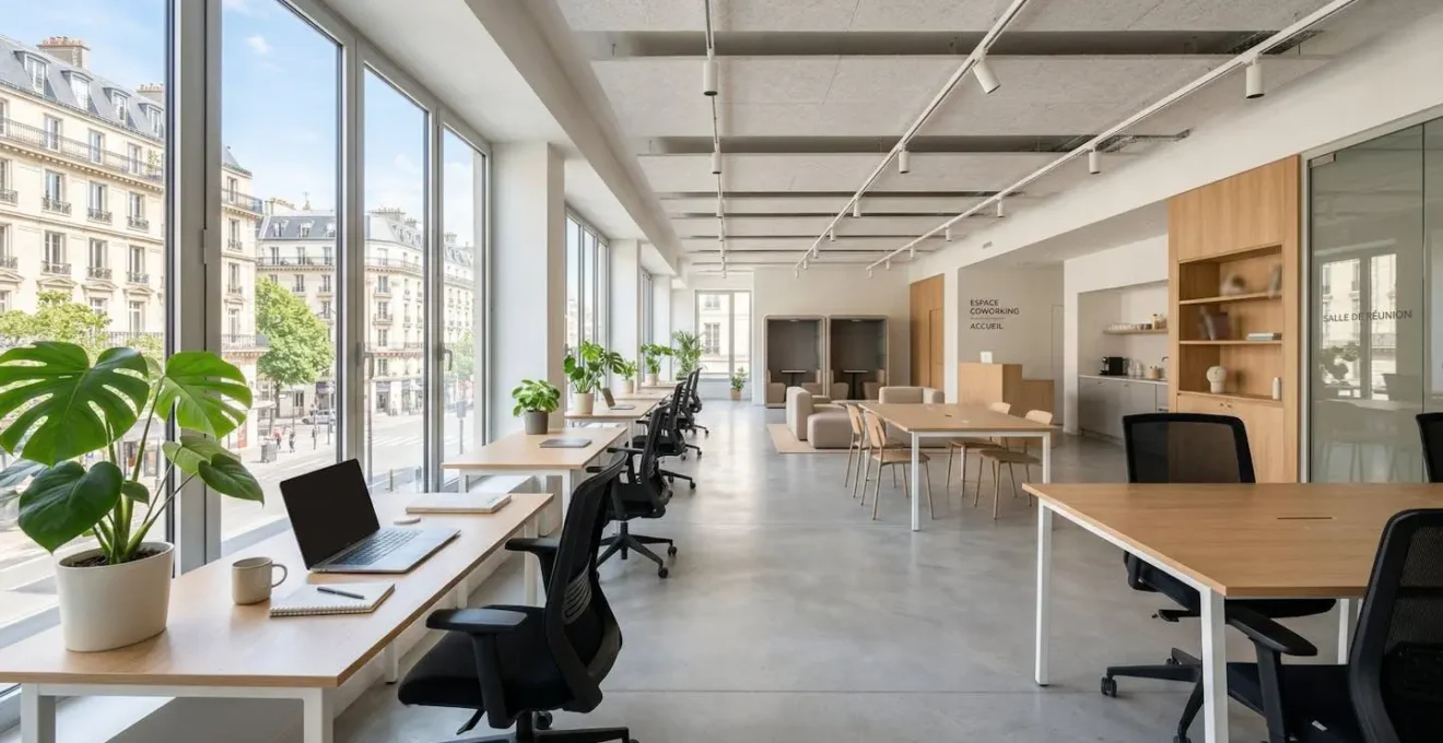 Espace de coworking contemporain vide avec grandes fenêtres et lumière naturelle abondante