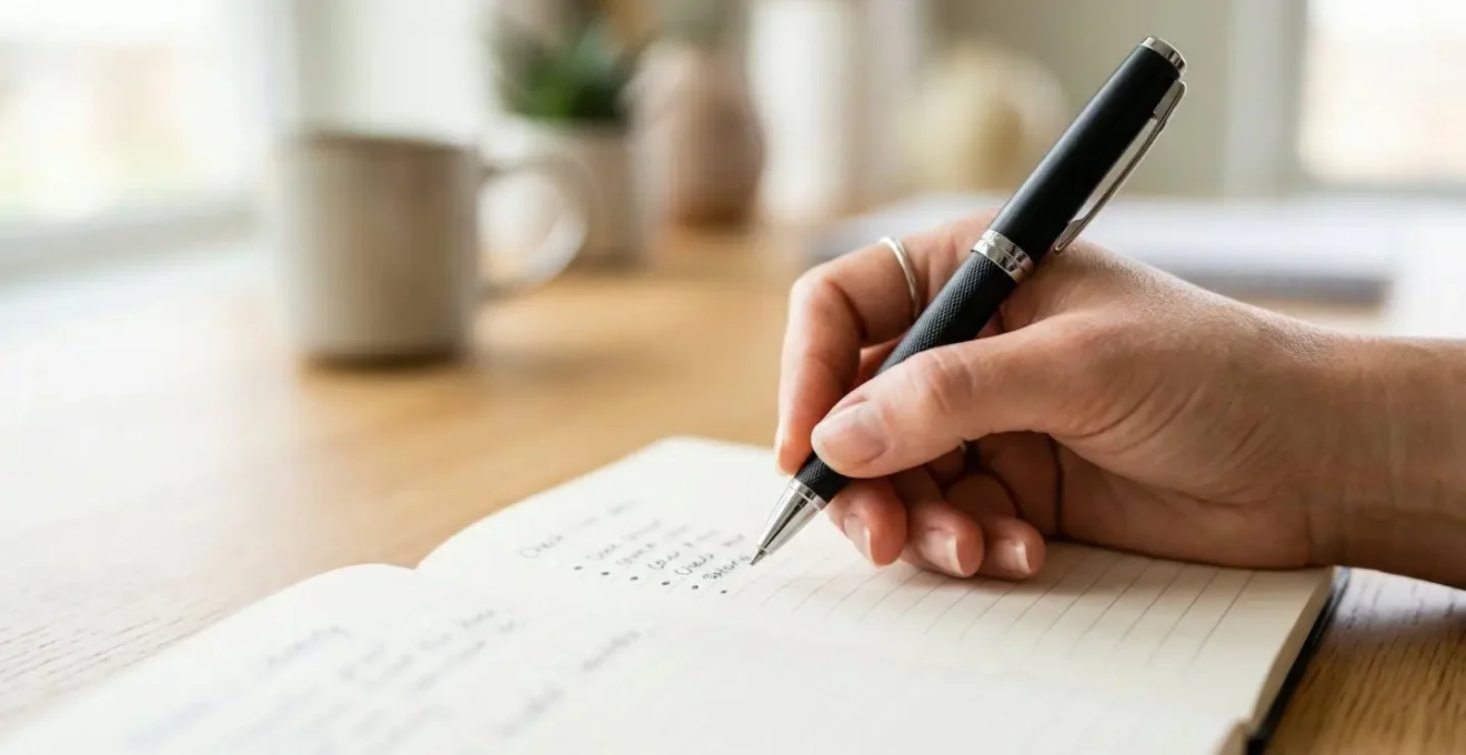 Gros plan sur une main tenant un stylo au-dessus d'un carnet ouvert avec une liste manuscrite floutée
