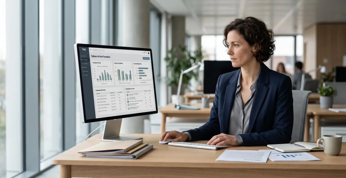 Responsable formation consultant un tableau de bord TMS sur son ordinateur dans un bureau RH contemporain