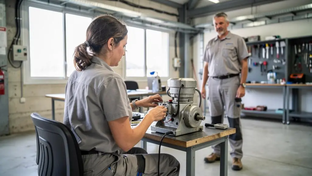 Une salariée manipule un équipement technique pendant une formation, accompagnée par une instructrice.